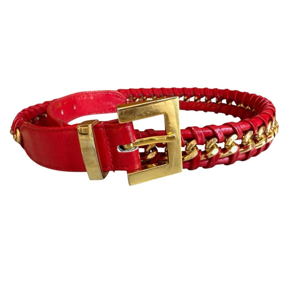Vintage Jana Red Leather Whipstitch Belt Gold Chain Detail S